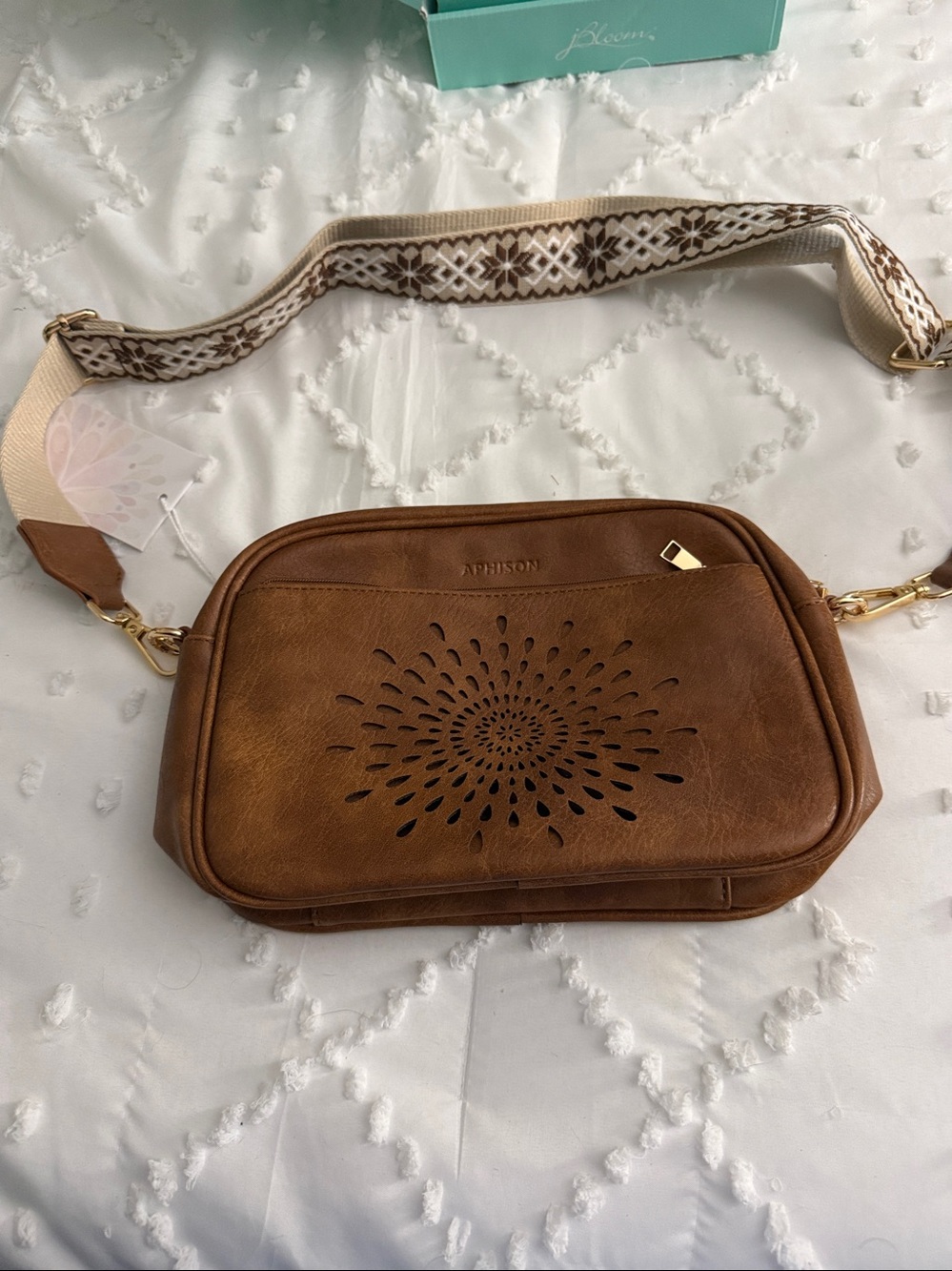 Aphison Tan Leather Crossbody Bag with Perforated Detail